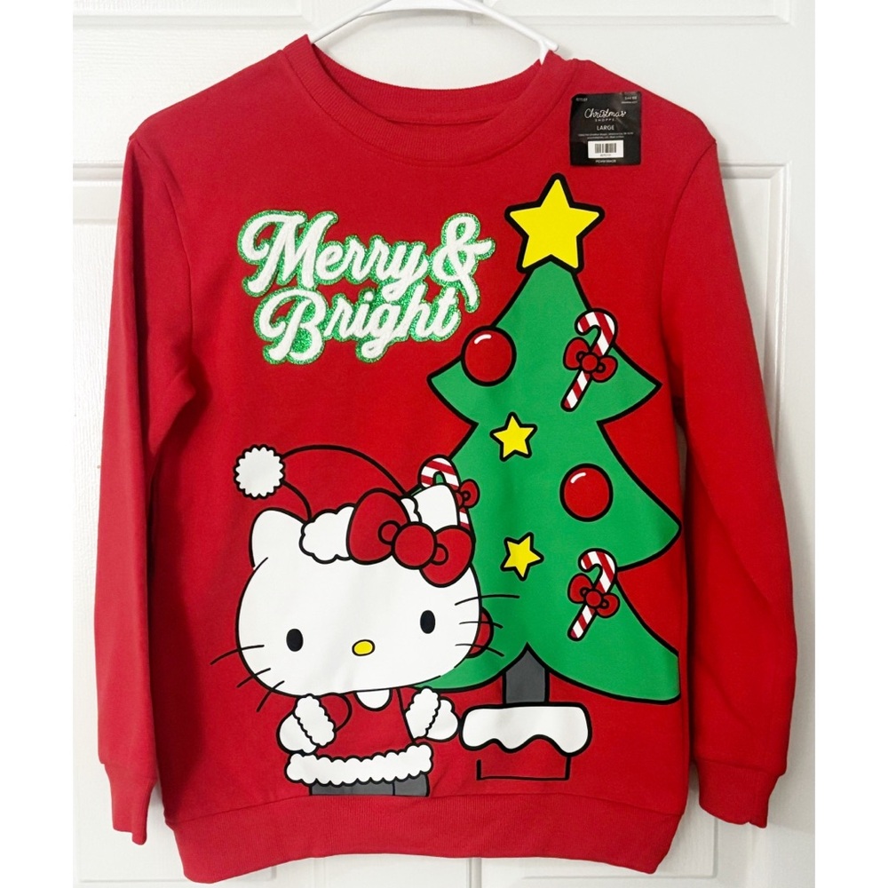 Hello Kitty Christmas "Merry & Bright" Sweatshirt, Girls, Red, NEW